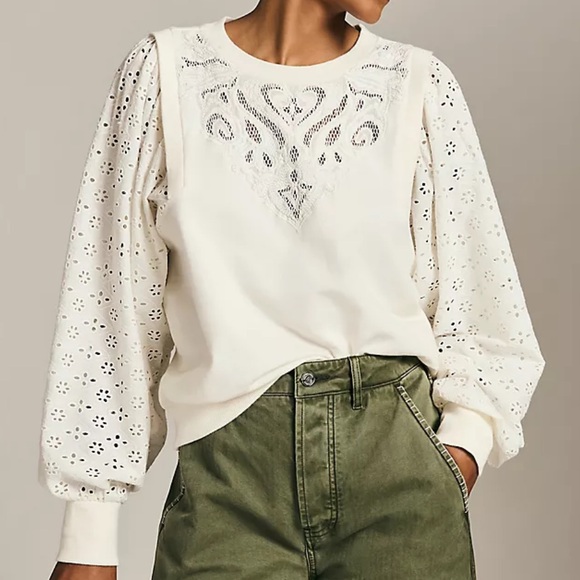 Anthropologie Pilcro washed eyelet sweater long sleeve lace blouse women’s large - Picture 1 of 6